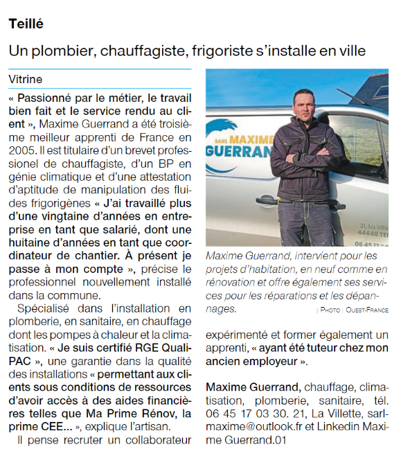 Article Ouest France du 22 Janvier 2024